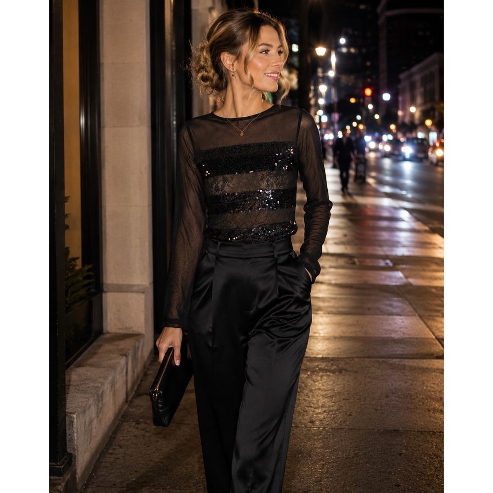 Bebe Sheer Mesh Lace Sequin Stripe Long Sleeve Top Black Small
